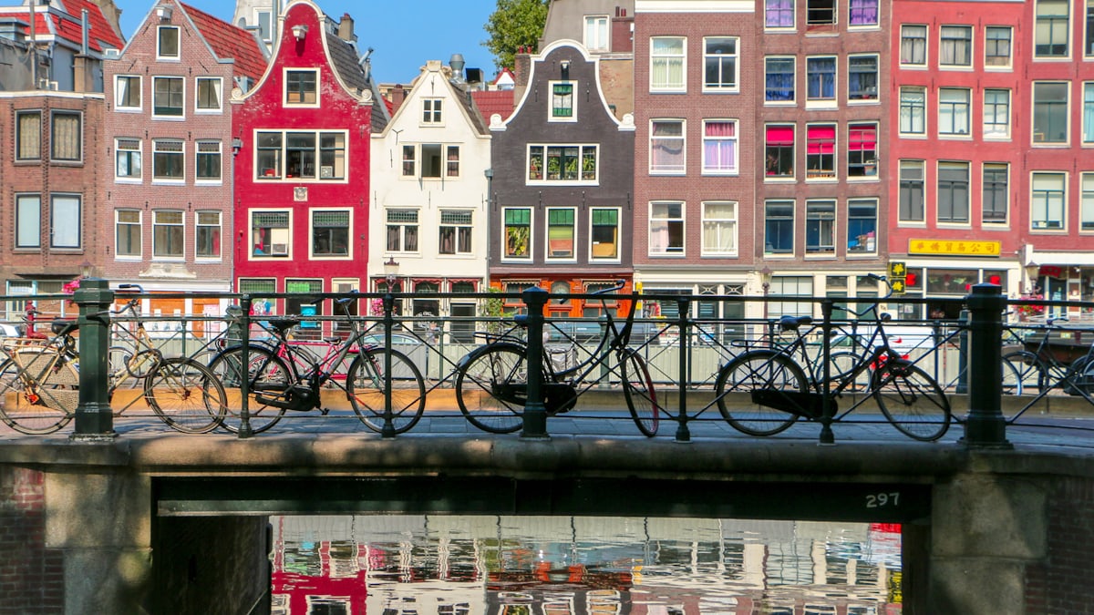 The iconic brick buildings and canals of Amsterdam, Netherlands.